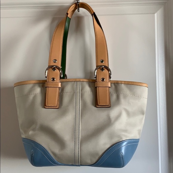 Coach canvas/leather zip-top color block tote. - Picture 3 of 8